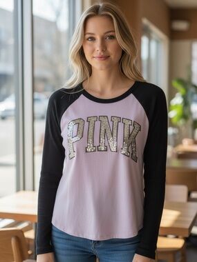 PINK Victoria’s Secret Sequin Logo Raglan Top Large